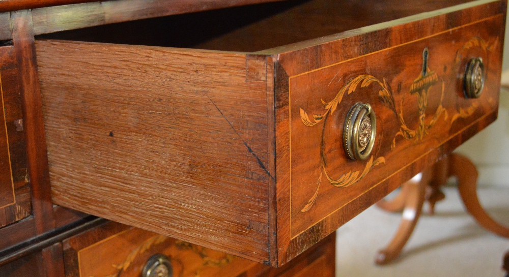 A 19th century mahogany and marquetry inlaid partners desk, the rectangular top with green and - Image 5 of 5