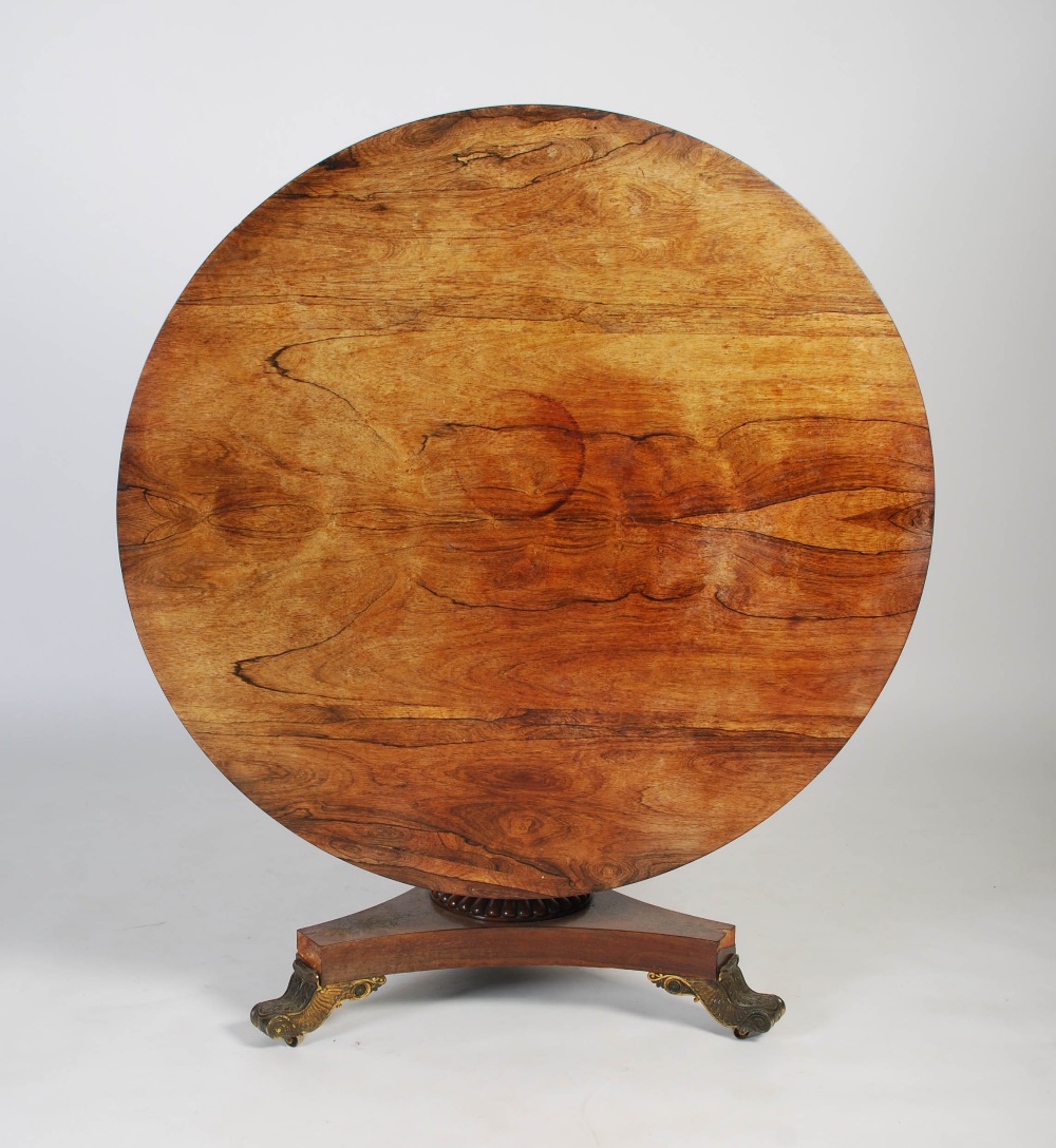 A 19th century rosewood breakfast table, plain round veneered top with beaded rim over a turned - Image 8 of 9