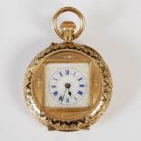 A late 19th / early 20th century continental yellow metal and enamel fob watch, the square enamelled