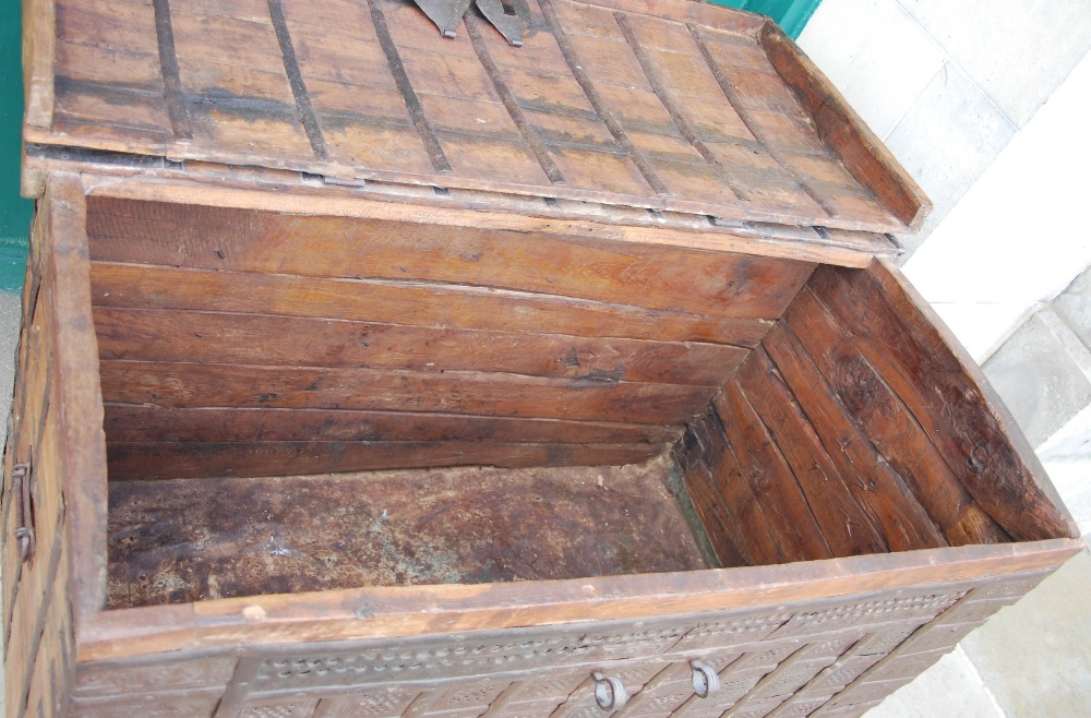 A late 19th/ early 20th century Indian pine and metal bound dowry chest, the domed hinged cover - Image 6 of 10