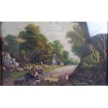 Late 19th/ early 20th century British School A country lane with shepherd, flock and girl Oil on