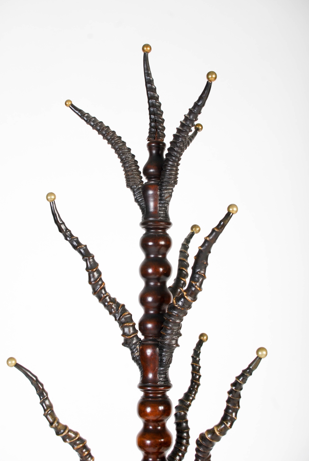 A late 19th / early 20th century turned mahogany and antelope horn mounted coat stand, the horns - Image 2 of 11