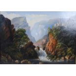 19th century British School Highland landscape with waterfall and figure fishing oil on canvas 52.