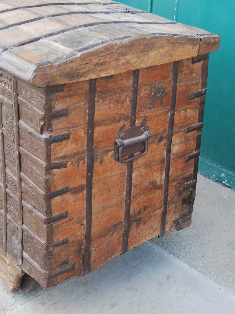 A late 19th/ early 20th century Indian pine and metal bound dowry chest, the domed hinged cover - Image 3 of 10