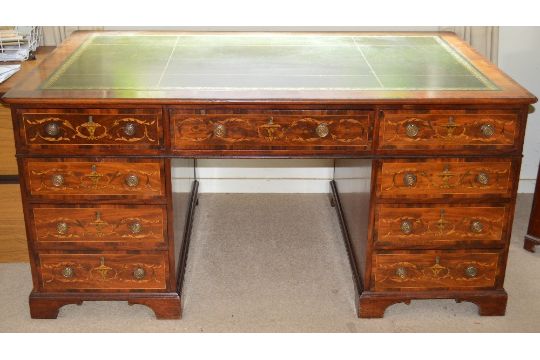 A 19th century mahogany and marquetry inlaid partners desk, the rectangular top with green and - Image 1 of 5