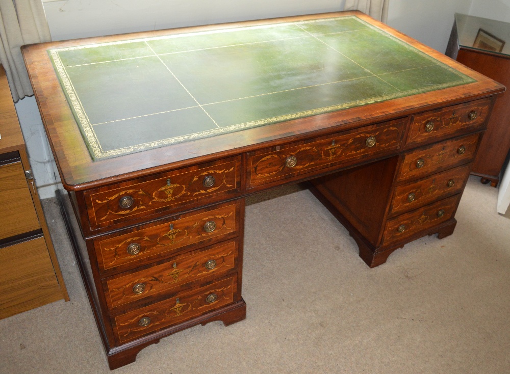 A 19th century mahogany and marquetry inlaid partners desk, the rectangular top with green and - Image 2 of 5