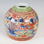 A Chinese porcelain blue and white jar, Qing Dynasty, with later clobbered decoration of dragons