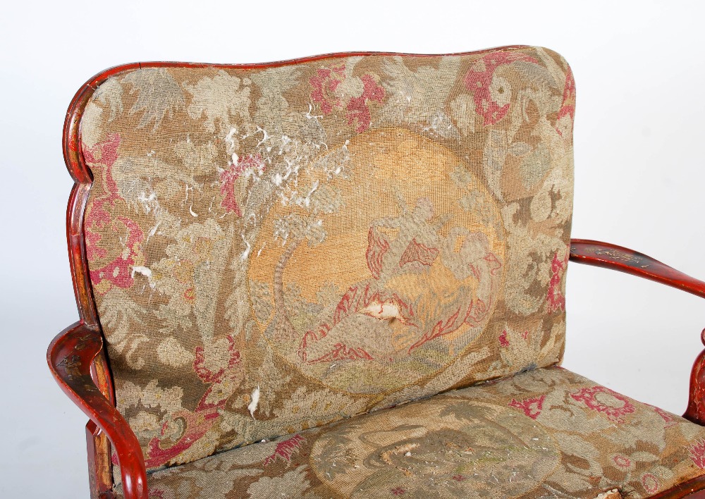 An early 20th century Queen Anne style red japanned and tapestry upholstered settee, with - Image 2 of 9