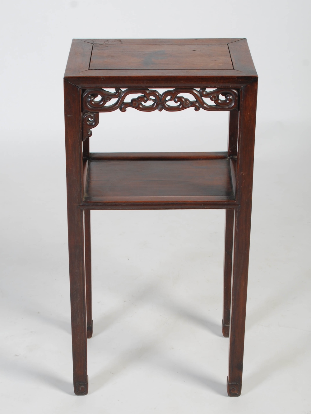 A Chinese darkwood urn stand, Qing Dynasty, the plain top with a carved scrolling frieze with - Image 6 of 6