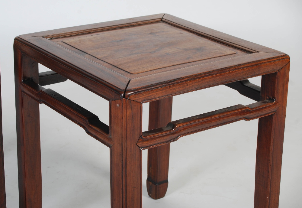 A pair of Chinese darkwood square occasional tables, Qing Dynasty, rectangular tops with recessed - Image 7 of 8