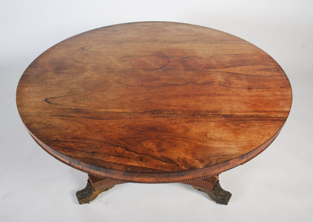 A 19th century rosewood breakfast table, plain round veneered top with beaded rim over a turned - Image 2 of 9