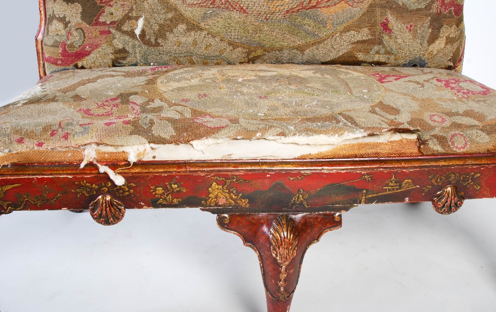 An early 20th century Queen Anne style red japanned and tapestry upholstered settee, with - Image 6 of 9