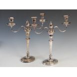 A pair of Sheffield silver plated two-light candelabra in the Neo-Classical style, the detachable