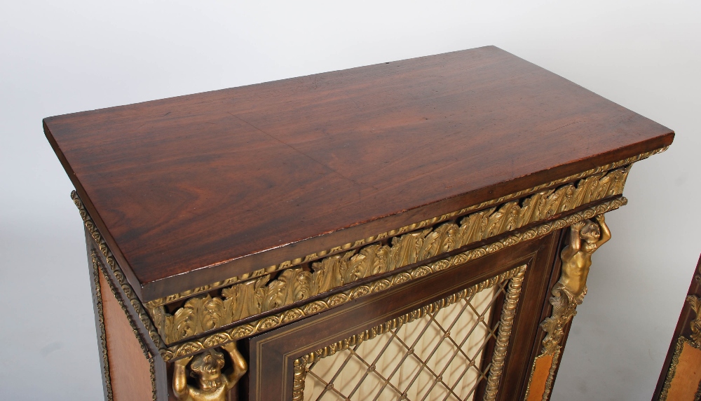 A pair of 19th century French gilt bronze mounted mahogany and satinwood pier cabinets, the - Image 2 of 9