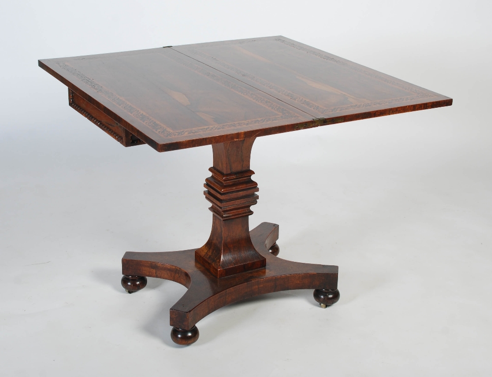 An early 19th century Scottish rosewood, burr walnut and ebony marquetry folding card table, the - Image 7 of 11