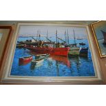 TWO 20TH CENTURY PAINTINGS OF HARBOUR SCENE, EACH IMPASTO ACRYLIC ON CANVAS, EACH SIGNED