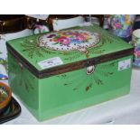 SEVRES STYLE APPLE-GREEN GROUND CASKET WITH PAINTED FLORAL DECORATION AND GILT METAL MOUNT, 18CM