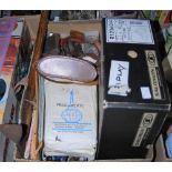 BOX OF ASSORTED OUTDOOR/ MOUNTAINEERING EQUIPMENT TO INCLUDE MAPS, PICKAXE, BINOCULARS, BOOTS,