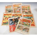 EIGHT VINTAGE COMICS TO INCLUDE THREE 'THE ROVER', THREE 'THE HOTSPUR'. ONE 'ADVENTURE' AND ONE '