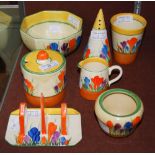 A COLLECTION OF SEVEN PIECES OF CLARICE CLIFF CROCUS PATTERN TABLE WARE, TO INCLUDE OCTAGONAL SHAPED