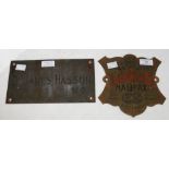 A VINTAGE LUMBY'S HALIFAX SAFE MAKERS BRASS SHIELD-SHAPED PLAQUE, TOGETHER WITH A BRASS NAME