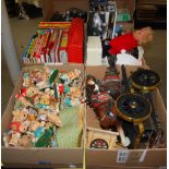 FOUR BOXES OF ASSORTED COLLECTIBLES TO INCLUDE PENDELFIN FIGURES, HORSES AND CARTS, VARIOUS ANNUALS,