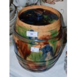 A SCOTTISH POTTERY BARREL-SHAPED JAR AND COVER WITH BROWN, GREEN AND BLUE GLAZE