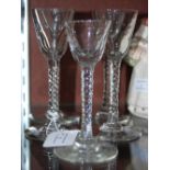 FIVE 18TH CENTURY STYLE CORDIAL GLASSES ON TWISTED STEMS