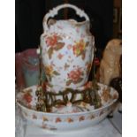 FURNIVALS FLORAL PATTERN PART WASH SET COMPRISING OVAL BASIN, EWER ON BRASS STAND, OVAL SOAP DISH