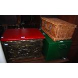 EMBOSSED BRASS FUEL BIN WITH RED LEATHERETTE TOP, WICKER PICNIC HAMPER AND A GREEN-PAINTED TWIN-