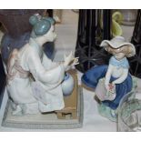 TWO LLADRO PORCELAIN FIGURES, GEISHA GIRL AND GIRL HOLDING A BASKET OF FLOWERS