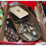BOX OF ASSORTED ITEMS TO INCLUDE TWIN-HANDLED COPPER PLANTER, EP WARE, INSTRUMENT SET, BOXED