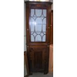 A 19TH CENTURY MAHOGANY AND BOXWOOD LINED CORNER CABINET WITH ASTRAGAL GLAZED UPPER DOOR AND