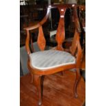 AN EDWARDIAN MAHOGANY CORNER CHAIR WITH UPHOLSTERED SEAT