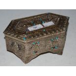 A CONTINENTAL WHITE METAL HEXAGONAL-SHAPED CASKET WITH FILIGREE WORK DETAIL, TURQUOISE AND OTHER