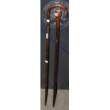 WHITE METAL-MOUNTED WALKING CANE TOGETHER WITH A CARVED WOOD WALKING CANE