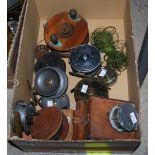 BOX OF ASSORTED FISHING REELS TO INCLUDE LEATHER-CASED REEL BY 'FARLOW OF LONDON', 'HARDY BROS.