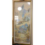 A FRAMED GOOD QUALITY PRINT OF A CHINESE CLASSICAL PAINTING, DEPICTING FIGURES CROSSING A RIVER IN A