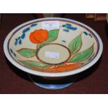 A CLARICE CLIFF FANTASQUE HAND PAINTED PEDESTAL DISH, DECORATED WITH FLOWERS AND FOLIAGE, PRINTED