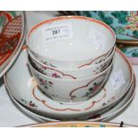 GROUP OF CHINESE PORCELAIN TO INCLUDE THREE FAMILLE ROSE TEA BOWLS AND TWO FAMILLE ROSE SAUCERS