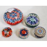 COLLECTION OF FIVE PAPERWEIGHTS TO INCLUDE FOUR ASSORTED MILLEFIORI WEIGHTS AND ONE SMALL SCRAMBLE-