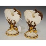 PAIR OF ROYAL WORCESTER PORCELAIN SHELL-SHAPED VASES, PUCE PRINTED MARKS, 21.5CM HIGH