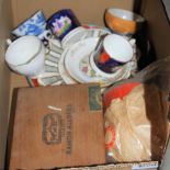 BOX OF ASSORTED CERAMICS, KUKRI KNIFE, ORANGE GROUND LACQUER BOWLS, CIGAR BOX