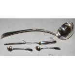 GROUP OF SILVER TO INCLUDE LONDON SILVER SAUCE LADLE OLD ENGLISH PATTERN WITH BRIGHT-CUT DETAIL, A