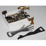 BOX CONTAINING A LARGE COLLECTION OF ASSORTED BOTTLE OPENERS, CORKSCREWS, ETC