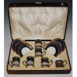 CASED BIRMINGHAM SILVER-MOUNTED BLUE AND GILT AYNSLEY PART COFFEE SET