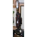 CHINESE CARVED WOOD FIGURAL TABLE LAMP ON SQUARE STEPPED PLINTH