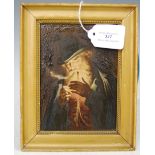 A DECORATIVE OVER-PAINTED PRINT DEPICTING GENTLEMAN LIGHTING A PIPE IN GILTWOOD FRAME, 14CM X 10CM