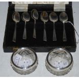 CASED SET OF SIX SHEFFIELD SILVER COFFEE SPOONS, TOGETHER WITH TWO SILVER-MOUNTED CUT-GLASS SALTS