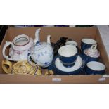 BOX OF ASSORTED CERAMICS TO INCLUDE TO INCLUDE A ROYAL COPENHAGEN 'ONION PATTERN' TEA POT AND COVER,
